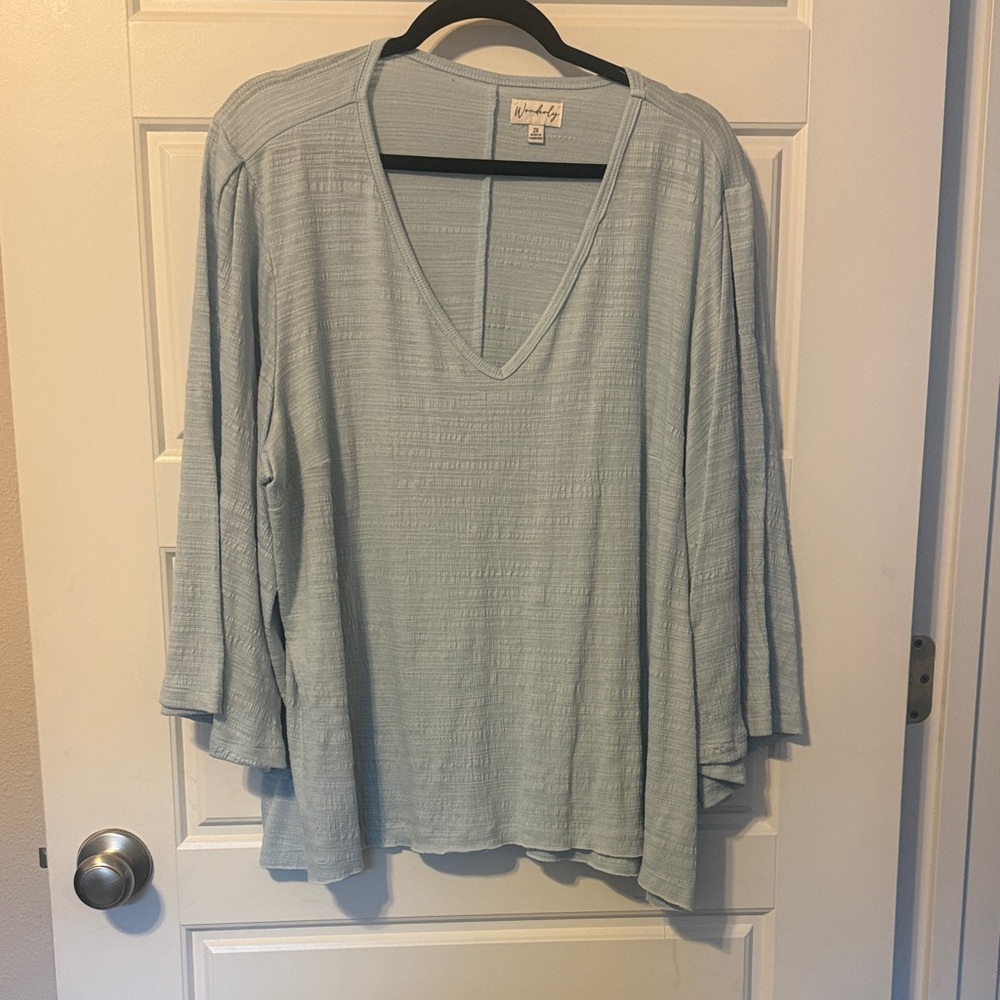 Wonderly Sky Blue Textured V-Neck Blouse - Picture 1 of 5